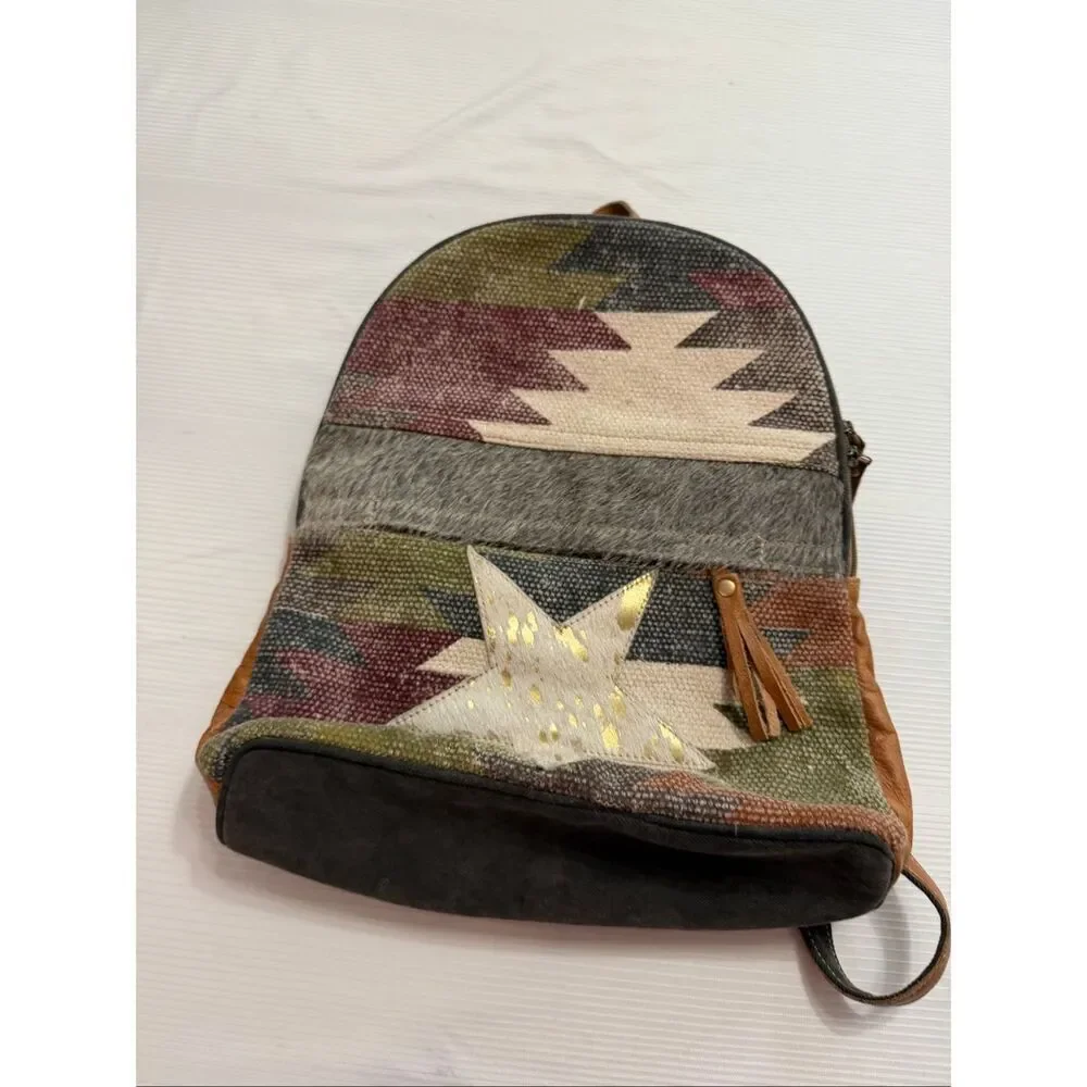 Myra Bag Hair On Cowhide Leather Western Southwest Boho Star Backpack Canvas